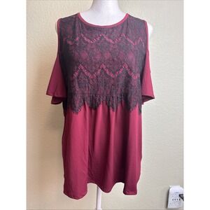 Tempted Hearts Women's Top Cold Shoulder Short Sleeve NWT‎ Size M Red Black Lace
